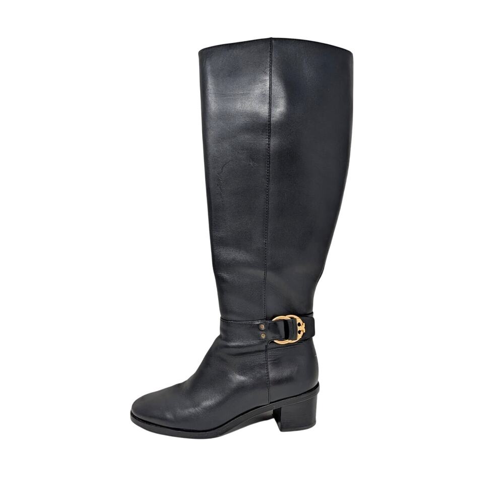 Tory Burch Black Leather Knee High Riding Boots Gold Logo Size 6M